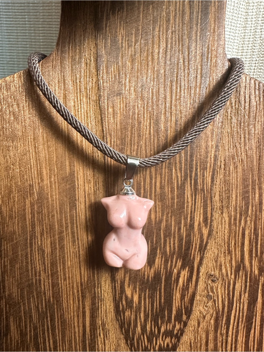 Mini Light Pink Alashan Agate Lady Body Carving Pendant Necklace on Brown Rope - Picture 4 of 16